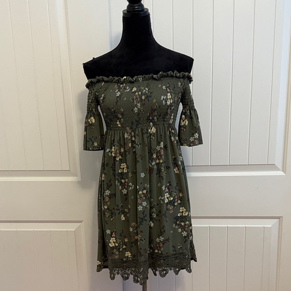 Xhilaration Dresses & Skirts - Xhilaration Olive Floral Off-Shoulder Dress